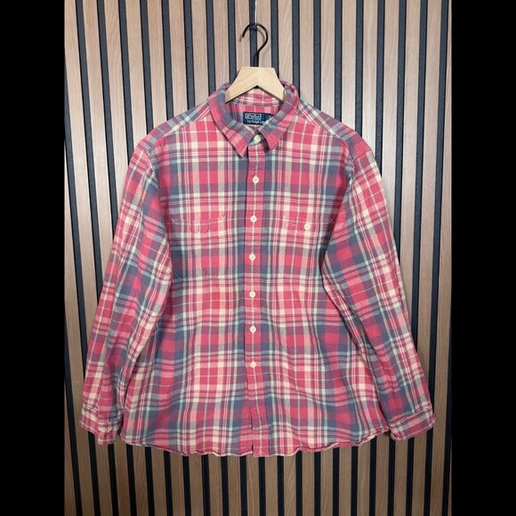 Polo Ralph Lauren Flannel Shirt XXL Mens Red Blue Plaid Front Pocket - Picture 1 of 7